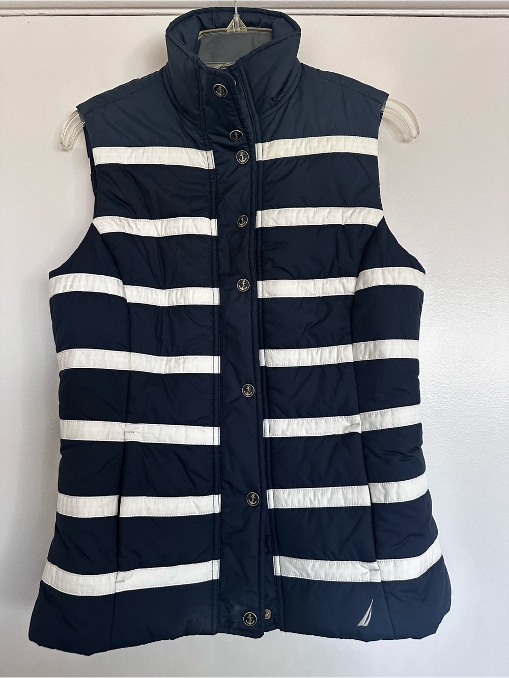 Nautica Navy and White Striped Quilted Puffer Vest
